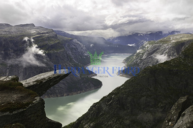 Trolltunga i Odda med isbreen Folgefonna i  bakgrunnen