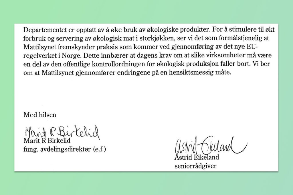 Utdrag fra et brev fra Landbruks- og matdepartementet til Mattilsynet i februar 2013, som åpnet for at Debios ordning med valørmerker kunne iverksettes.