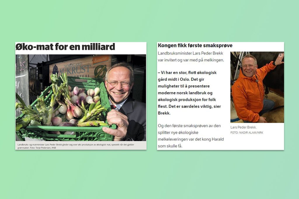 Lars Peder Brekk var ofte på gårdsbesøk og fikk god kontakt med økologisk landbruk i praksis. Fra Avisenes Nyhetsbyrå i mars 2012 og NRK.no, mai 2012.