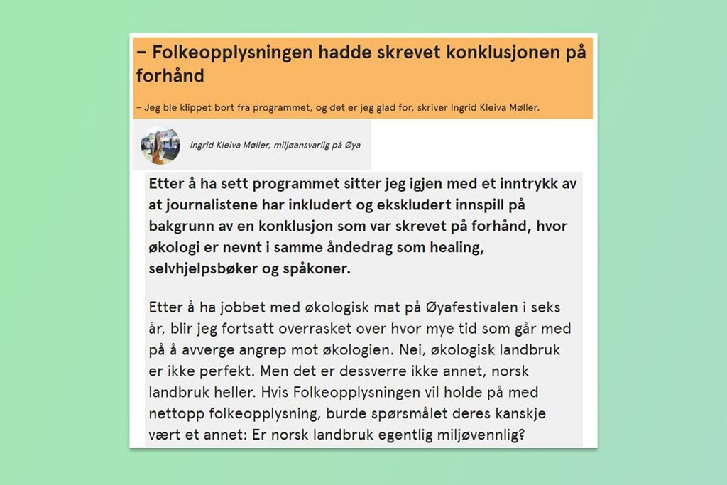 Fra en kronikk i Natt@Dag, september 2016. Kleiva, miljøansvarlig for Øyafestivalen, skriver videre: