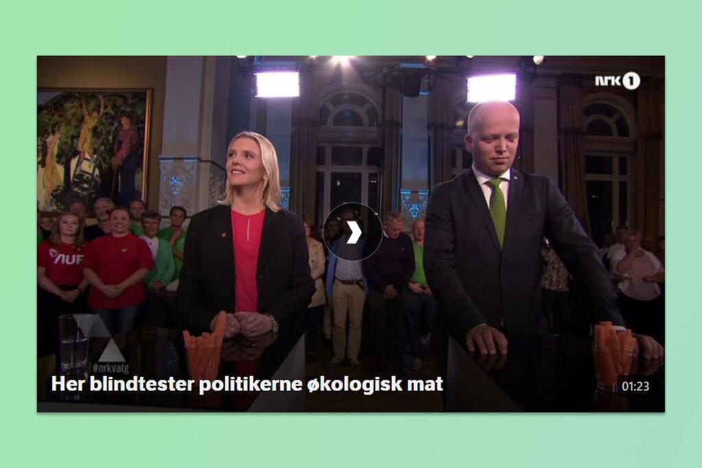 Sylvi Listhaug og Trygve Slagsvold Vedum i en blindtest i en valgdebatt i september 2015.